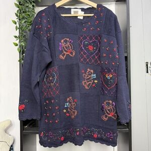 Vintage Grandma Sweater Womens Small Blue Grandmacore Floral Knit